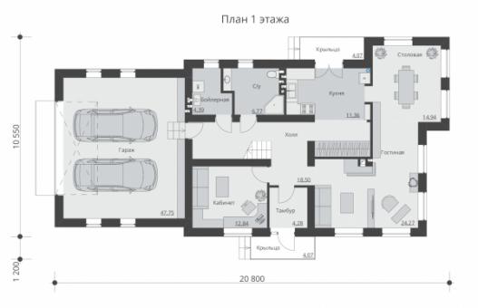 Проект индивидуального двухэтажного жилого дома с гаражом и террасой